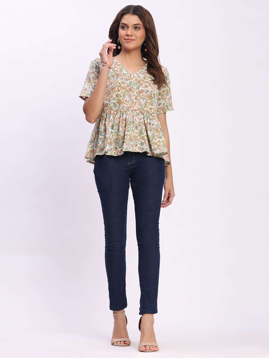 women printed short sleeve overlap neck peplum top - 22083586 - Standard Image - 5