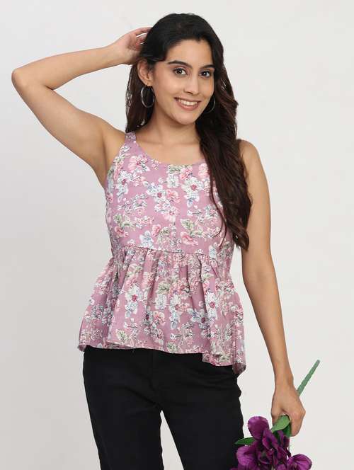 women printed shoulder strap peplum top - 22083589 - Standard Image - 0