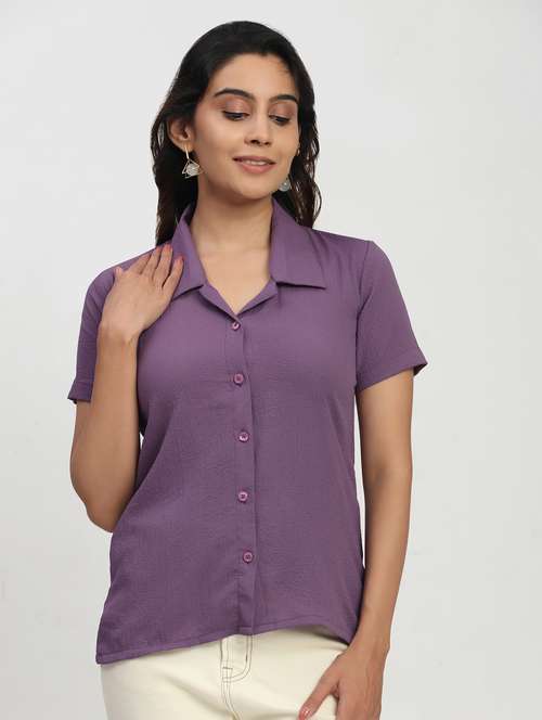 women solid short sleeve collared shirt - 22083594 - Standard Image - 0
