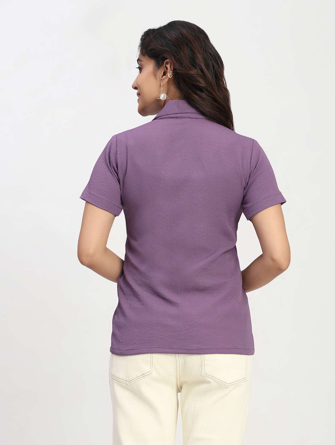 women solid short sleeve collared shirt - 22083594 - Standard Image - 5