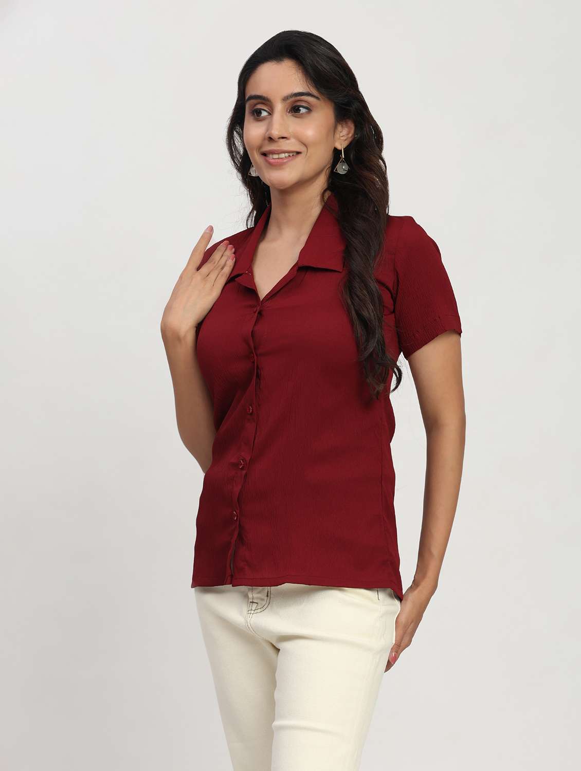 women solid short sleeve collared shirt - 22083595 - Standard Image - 3