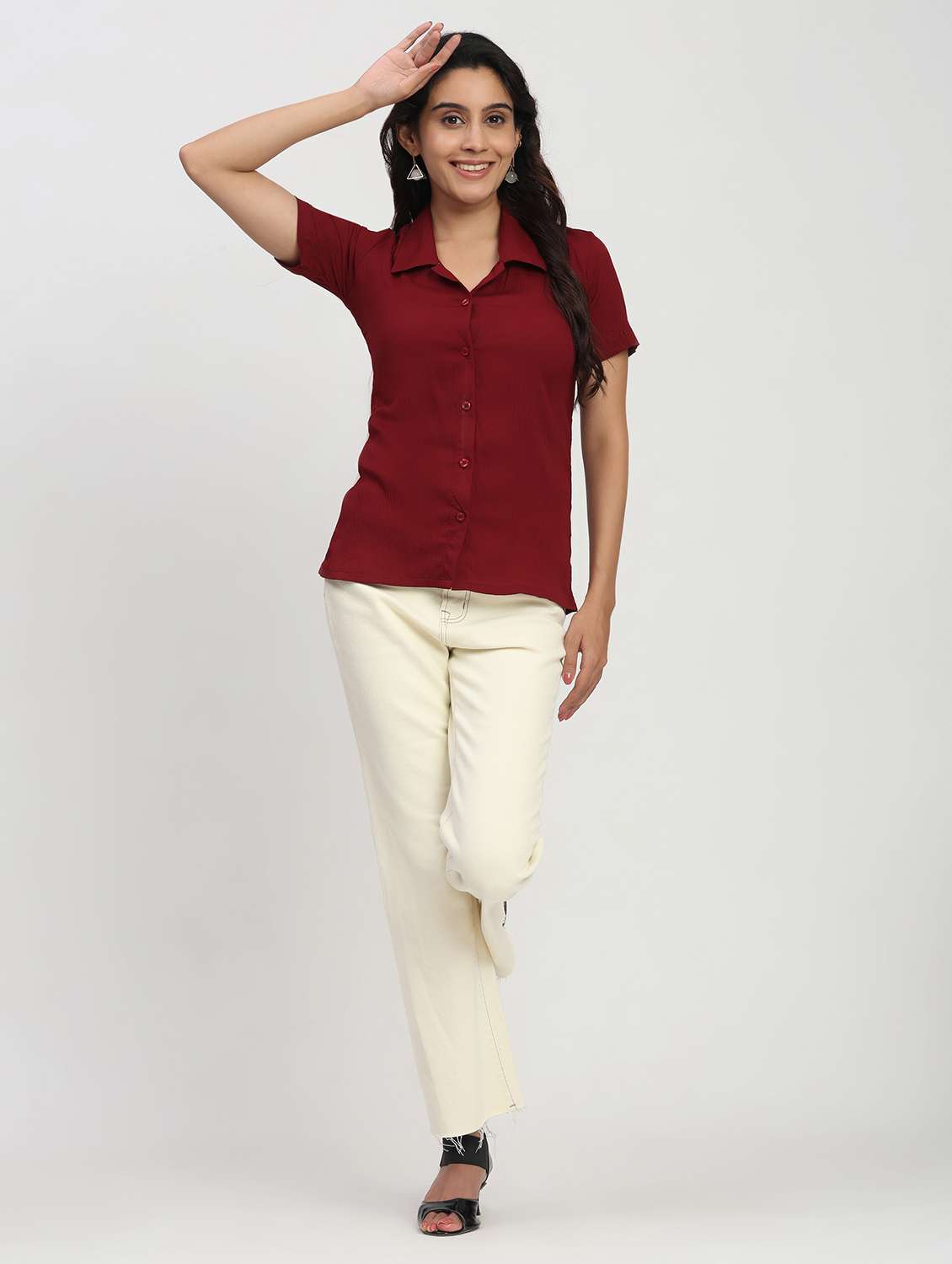 women solid short sleeve collared shirt - 22083595 - Standard Image - 5