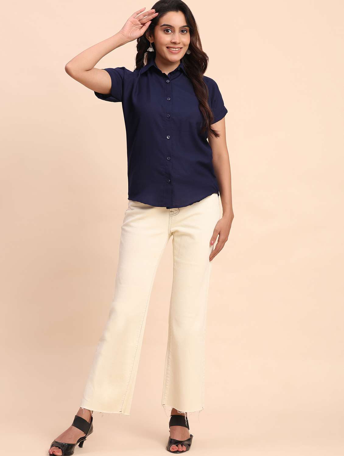 women solid short sleeve collared shirt - 22083600 - Standard Image - 5