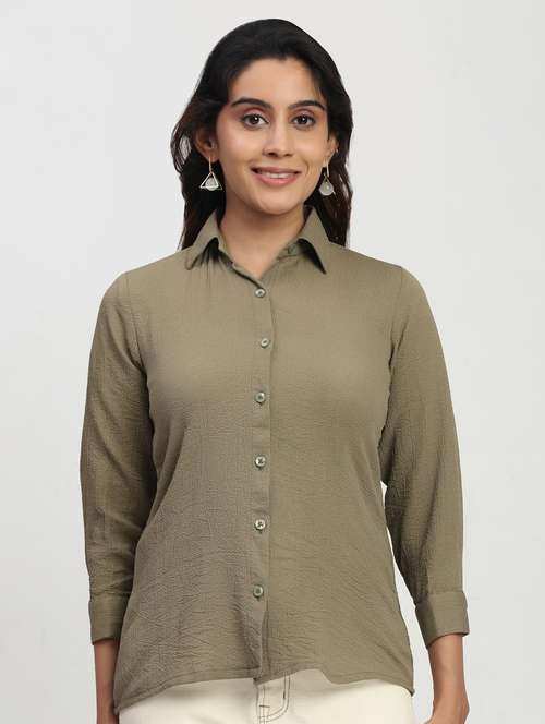 women solid three quarter sleeve collared shirt - 22083604 - Standard Image - 0