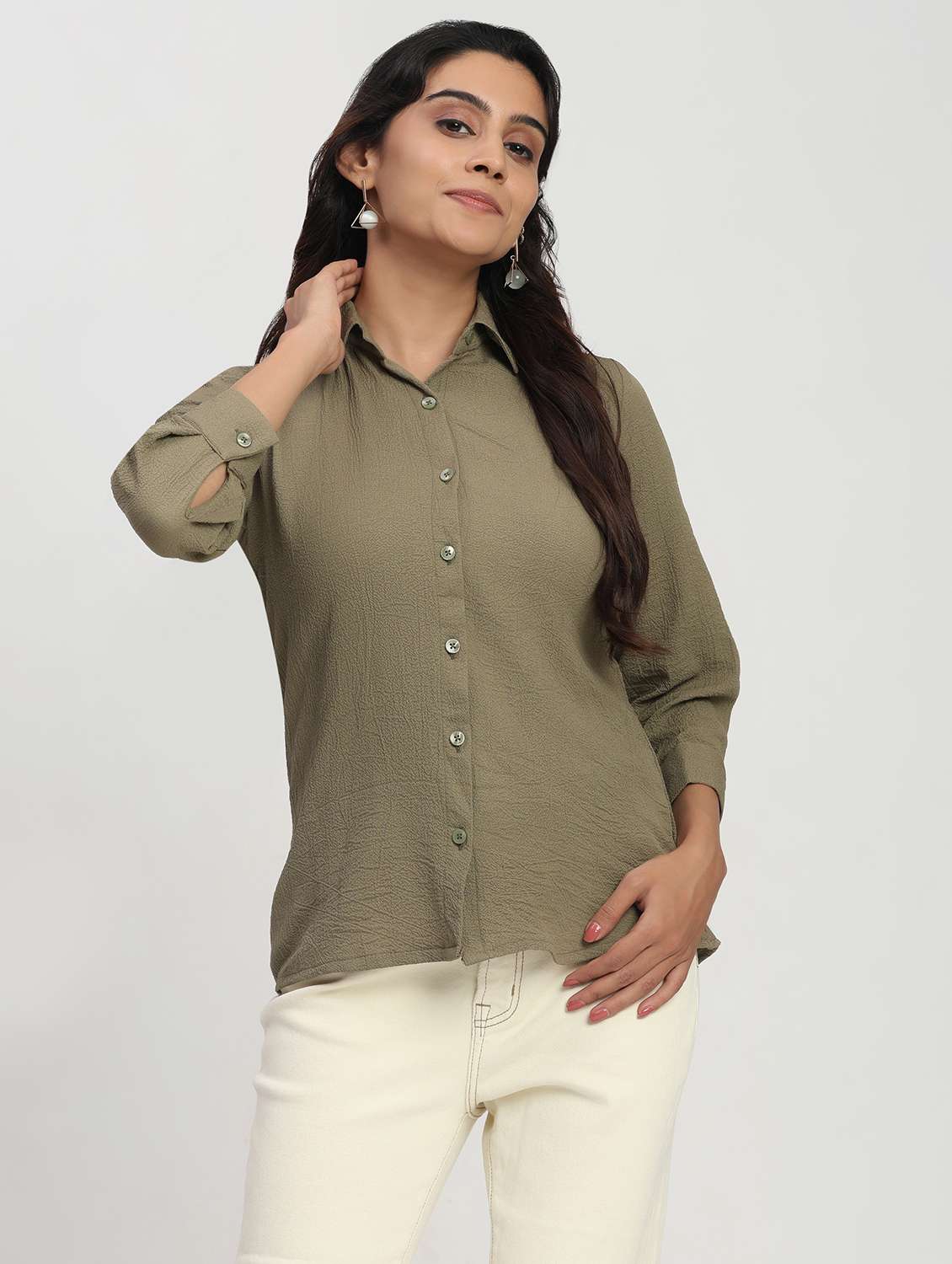 women solid three quarter sleeve collared shirt - 22083604 - Standard Image - 3