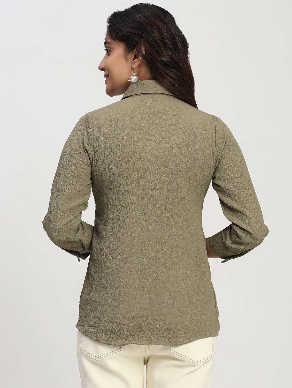 women solid three quarter sleeve collared shirt - 22083604 - Standard Image - 5