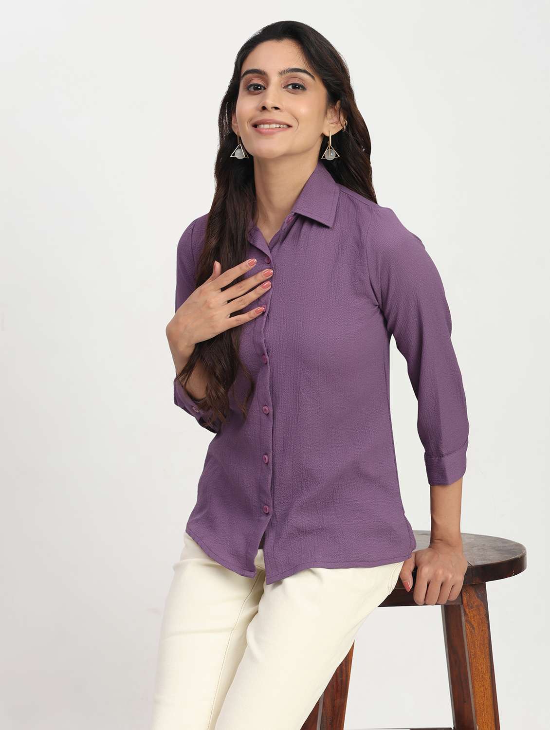 women solid three quarter sleeve collared shirt - 22083605 - Zoom Image - 0
