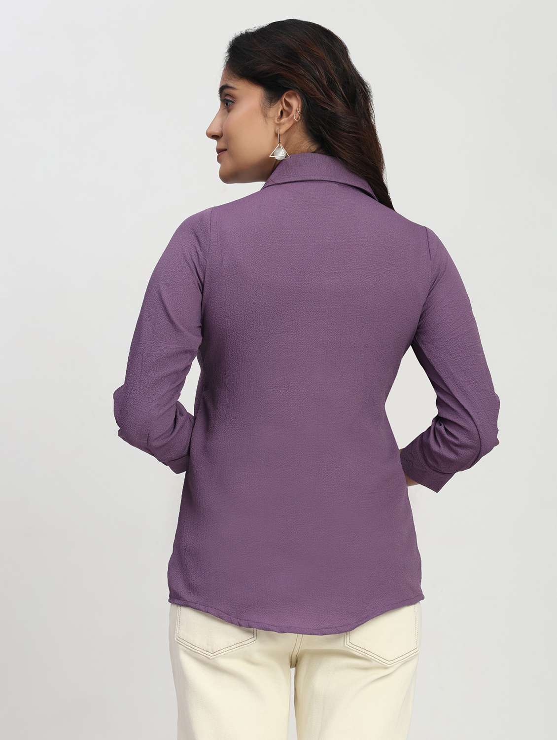 women solid three quarter sleeve collared shirt - 22083605 - Standard Image - 3