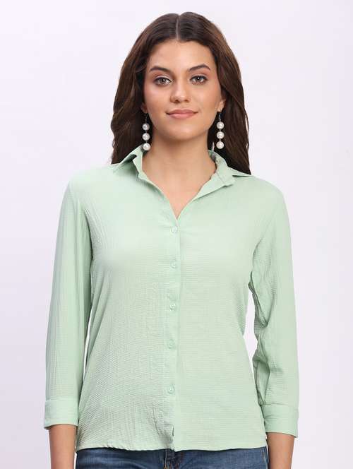women solid three quarter sleeve collared shirt - 22083606 -  Standard Image - 0