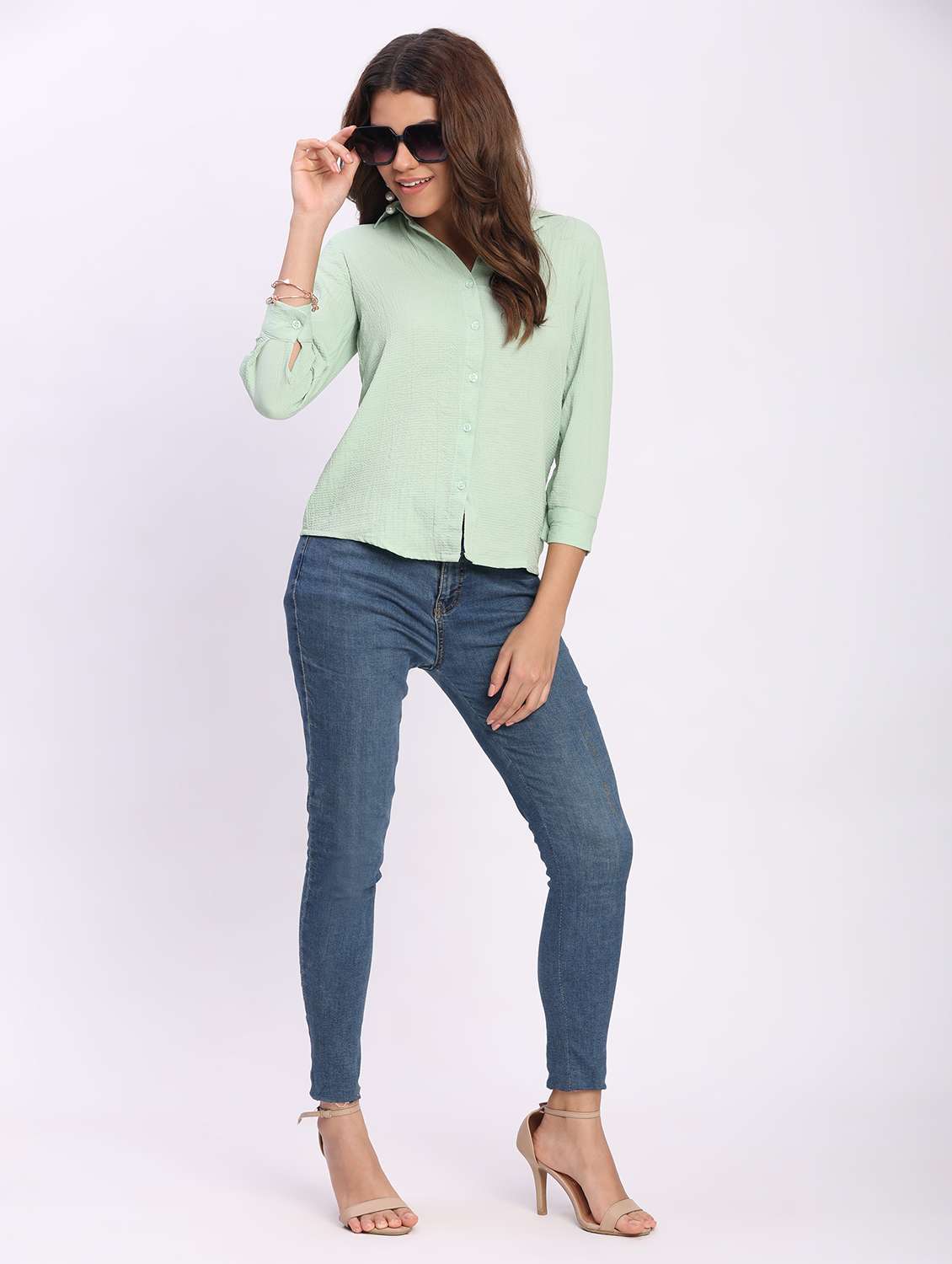women solid three quarter sleeve collared shirt - 22083606 - Standard Image - 5