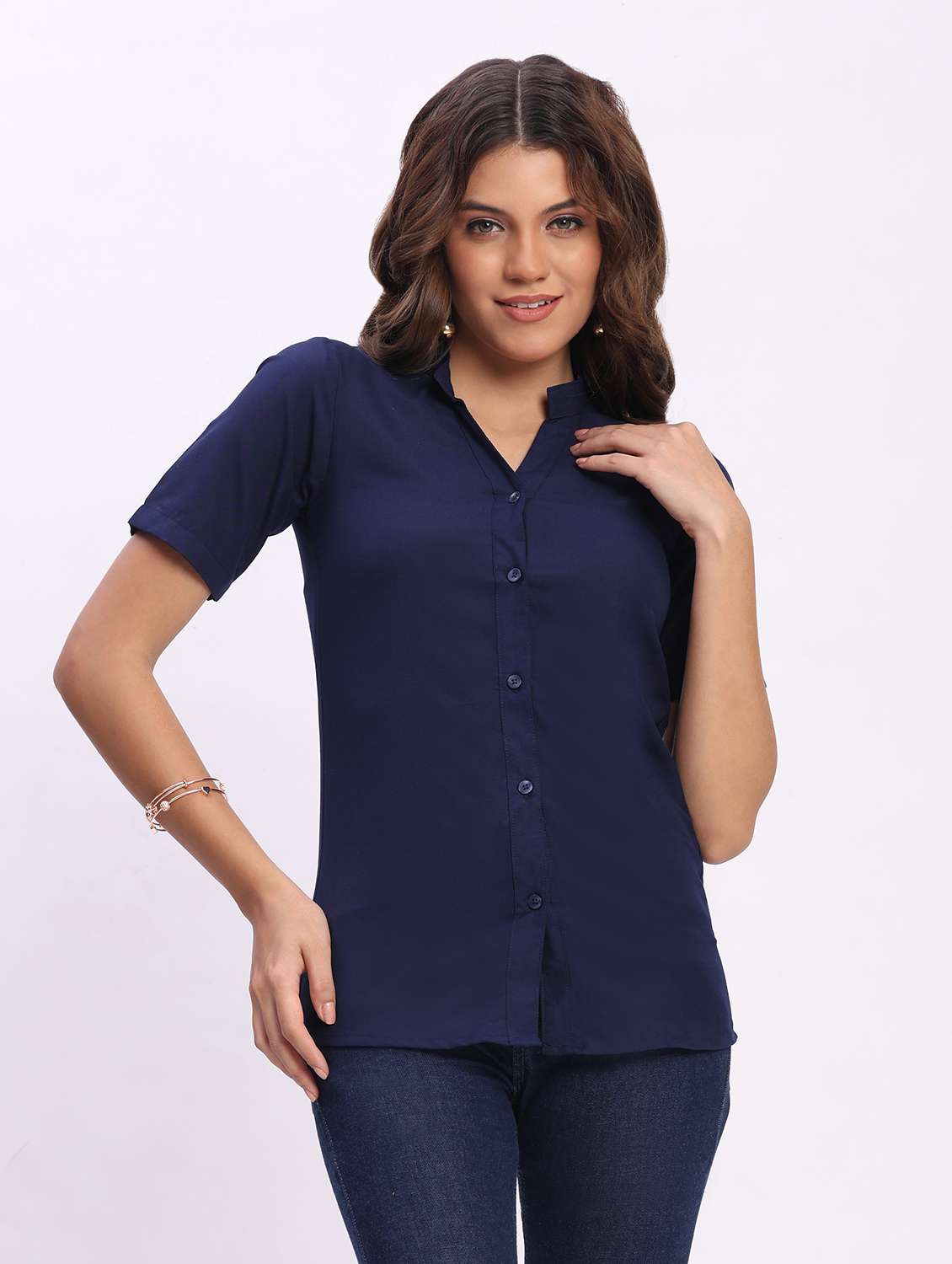 women solid short sleeve mandarin collar shirt - 22083607 -  Zoom Image - 0