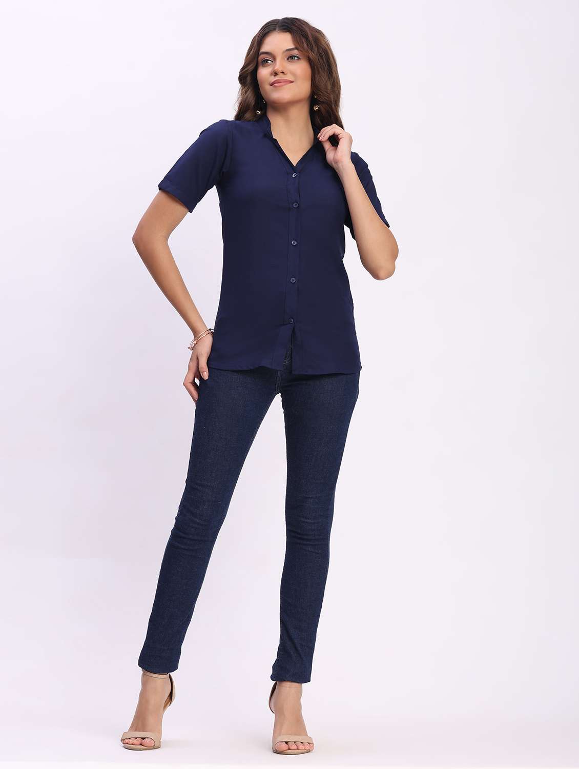 women solid short sleeve mandarin collar shirt - 22083607 - Standard Image - 5