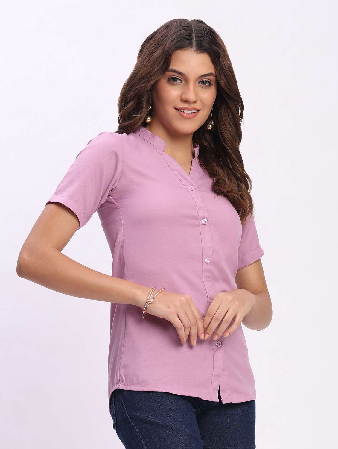 women solid short sleeve mandarin collar shirt - 22083608 - Standard Image - 3