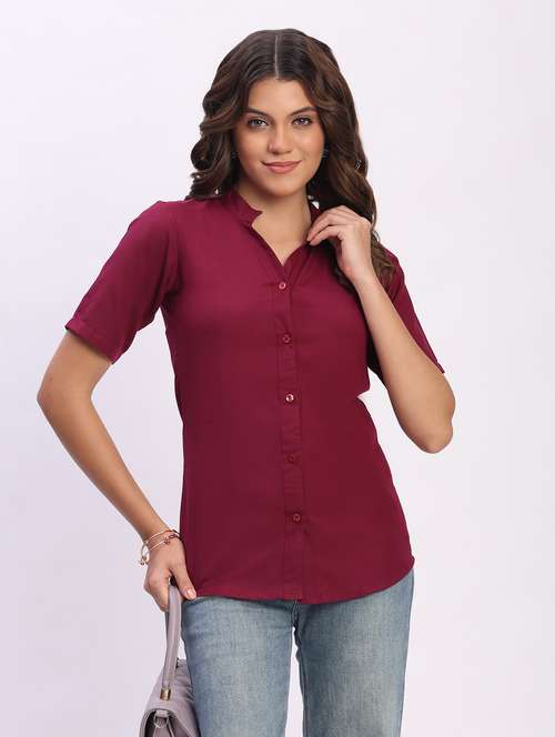 women solid short sleeve mandarin collar shirt - 22083610 - Standard Image - 0