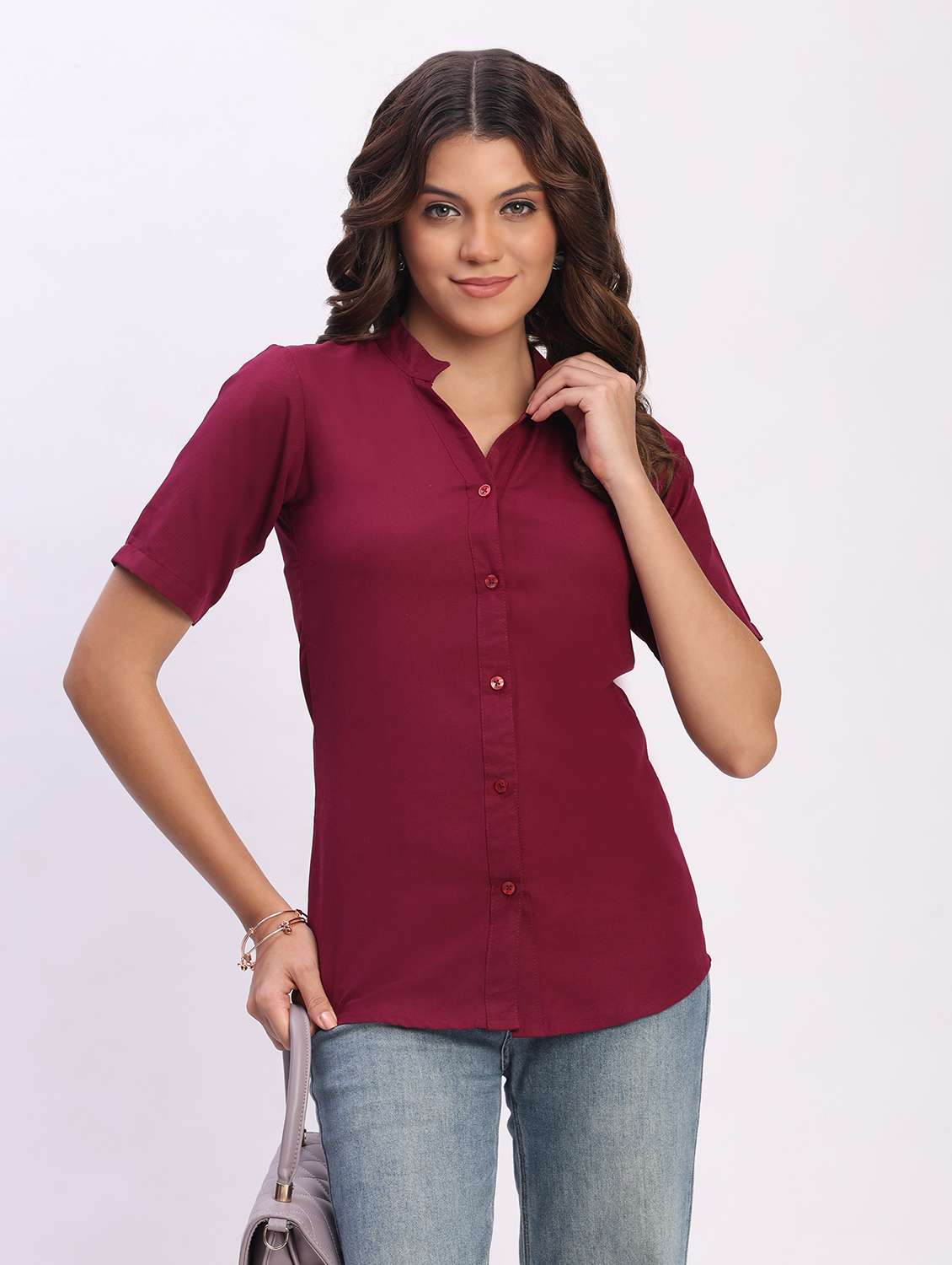 women solid short sleeve mandarin collar shirt - 22083610 - Zoom Image - 0
