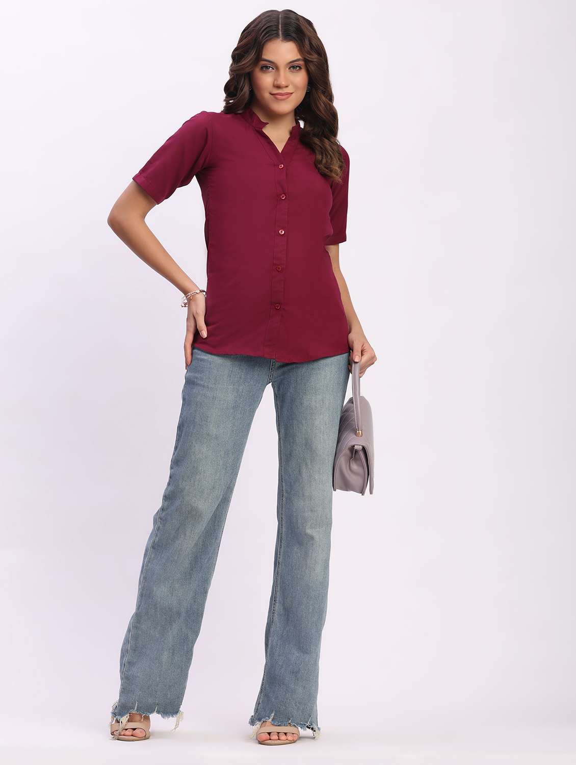 women solid short sleeve mandarin collar shirt - 22083610 - Standard Image - 5