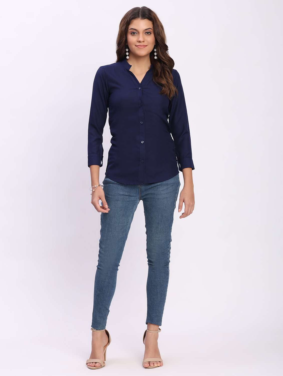 women solid three quarter sleeve mandarin collar shirt - 22083611 - Standard Image - 5