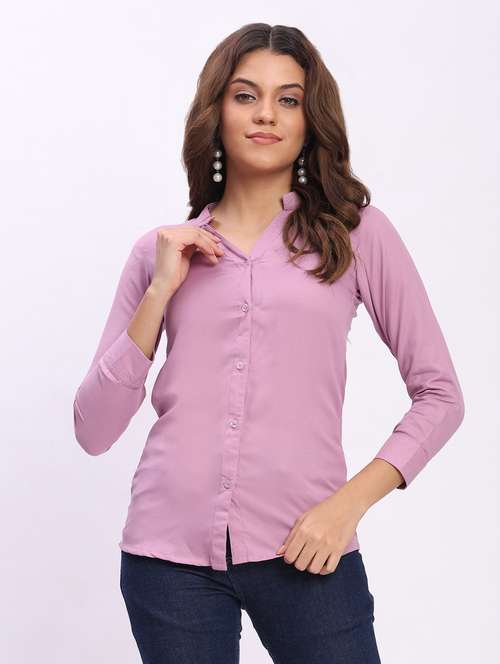 women solid three quarter sleeve mandarin collar shirt - 22083612 - Standard Image - 0
