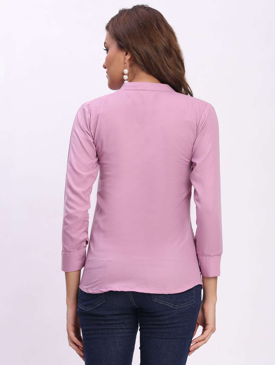 women solid three quarter sleeve mandarin collar shirt - 22083612 - Standard Image - 3