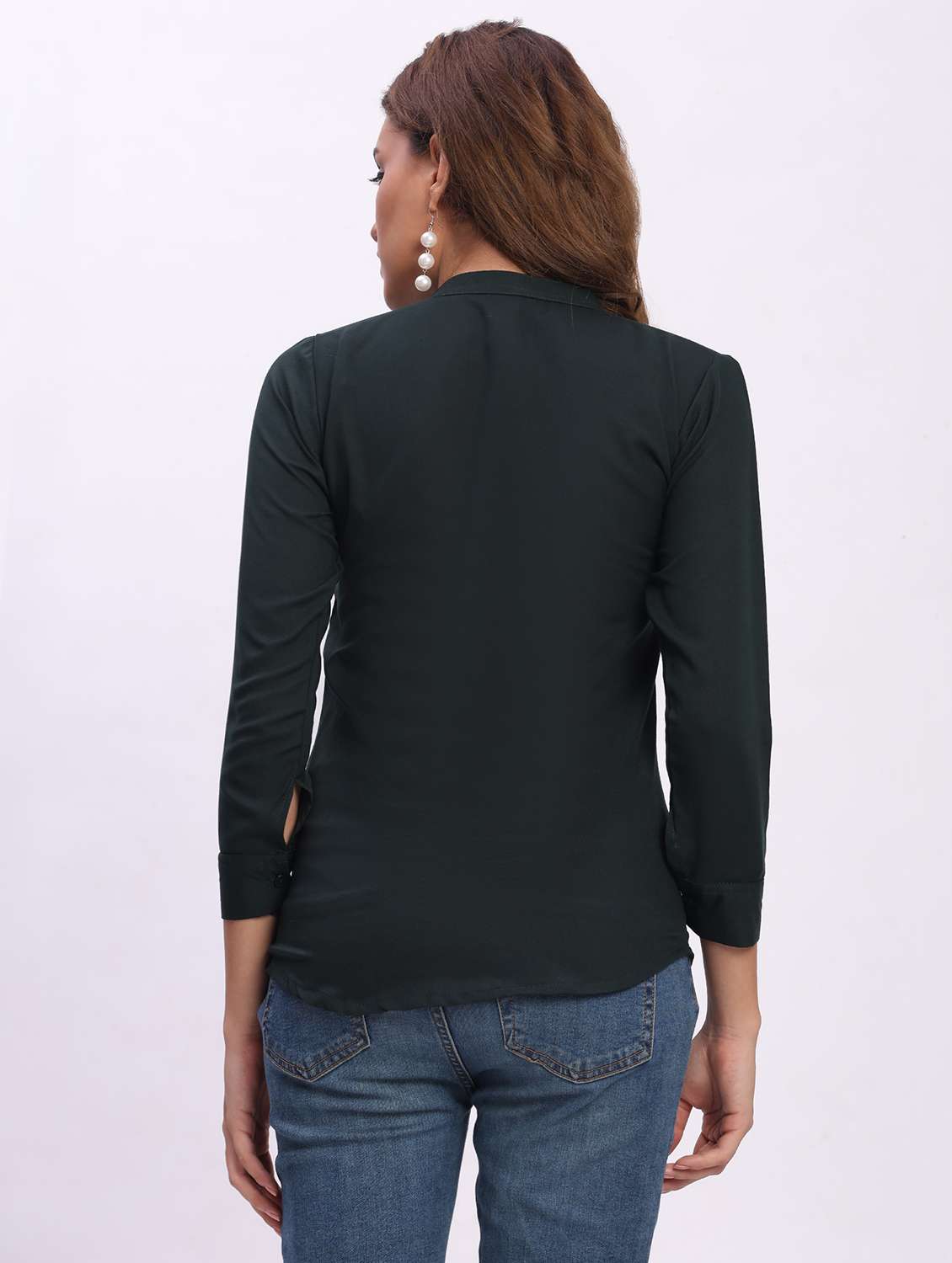 women solid three quarter sleeve mandarin collar shirt - 22083613 - Standard Image - 3