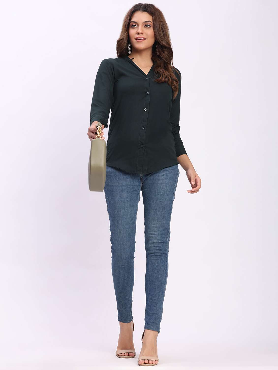 women solid three quarter sleeve mandarin collar shirt - 22083613 - Standard Image - 5