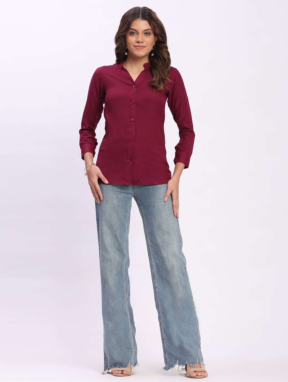 women solid three quarter sleeve mandarin collar shirt - 22083614 - Standard Image - 3