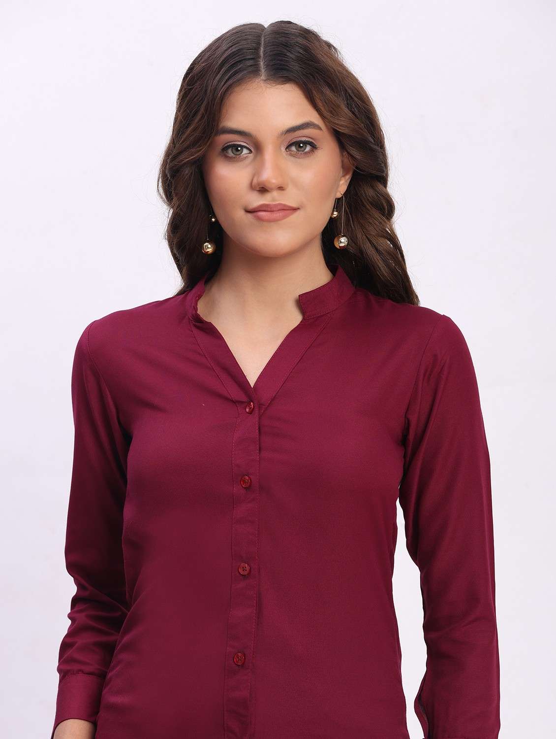 women solid three quarter sleeve mandarin collar shirt - 22083614 - Standard Image - 5