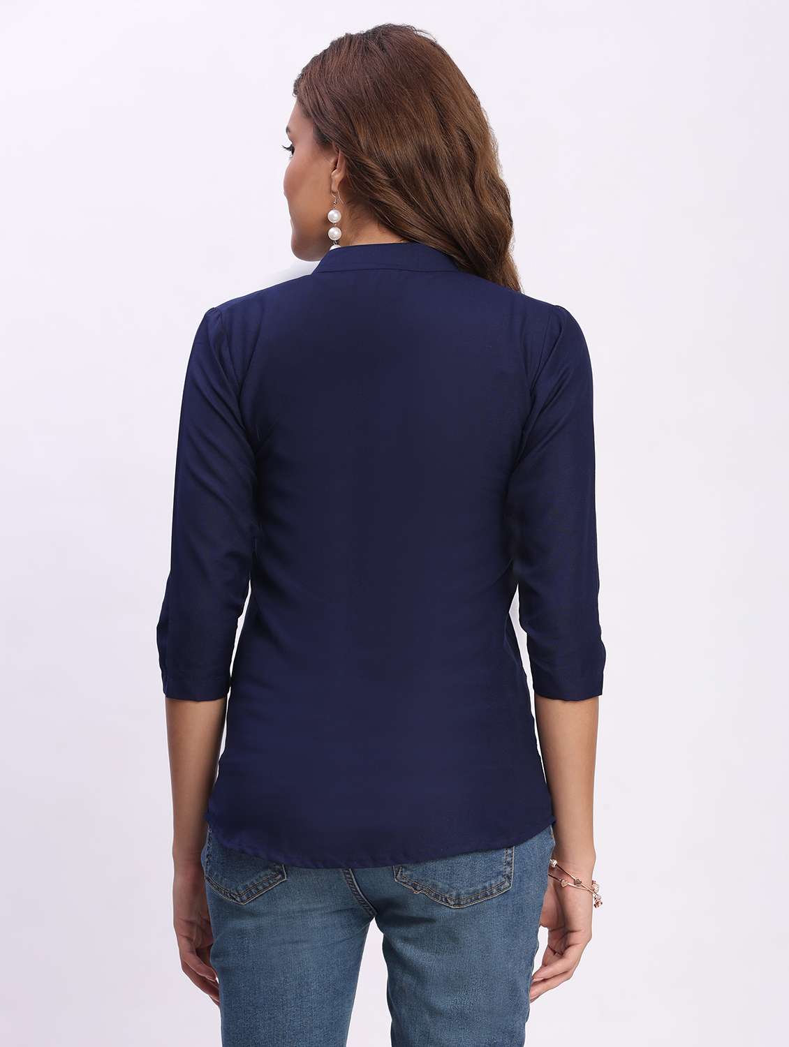 women solid three quarter sleeve mandarin collar shirt - 22083615 - Standard Image - 3