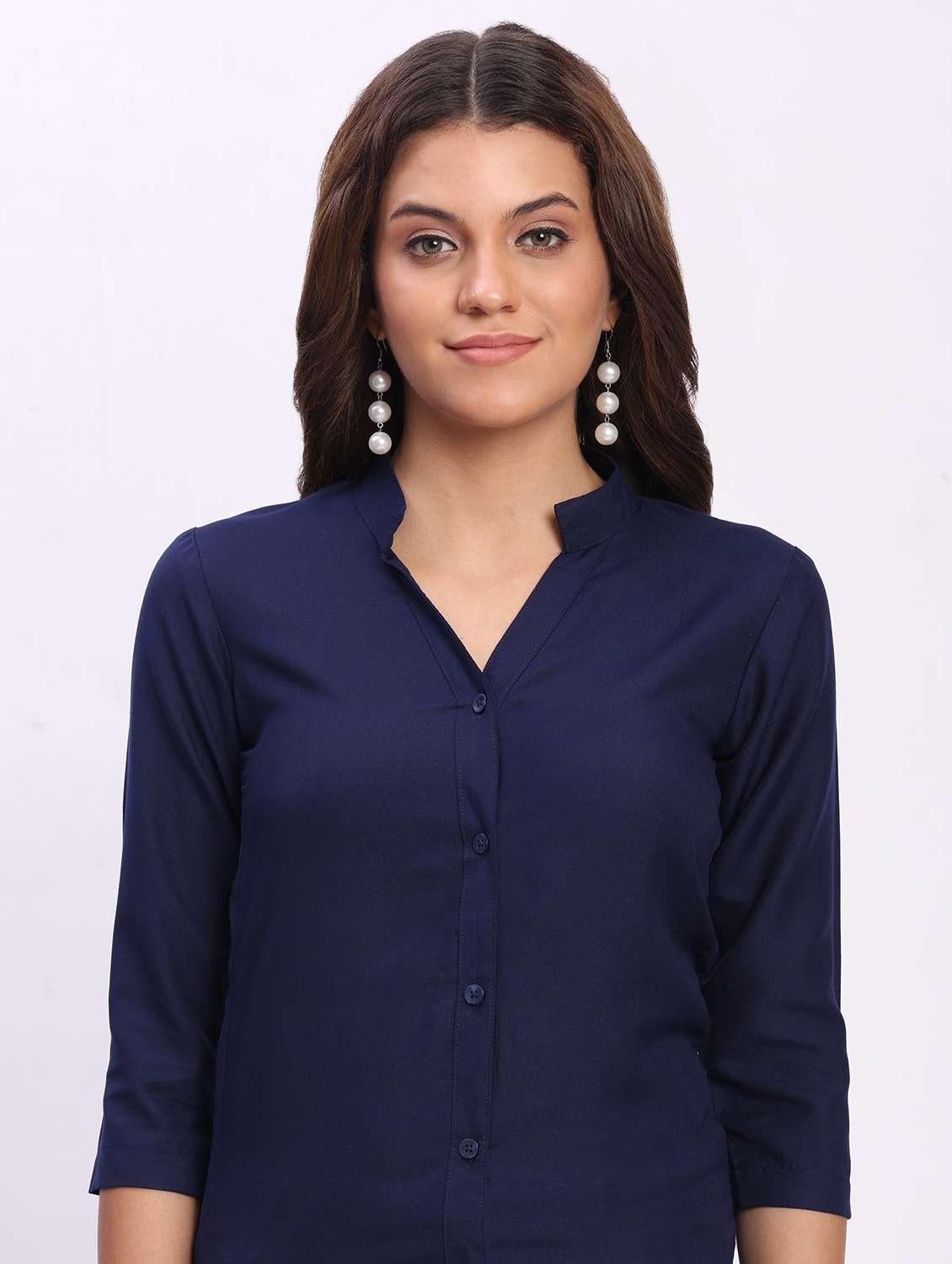 women solid three quarter sleeve mandarin collar shirt - 22083615 - Standard Image - 5