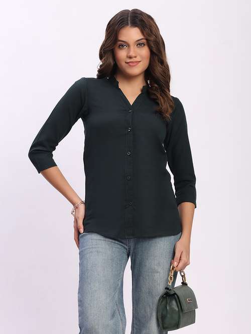 women solid three quarter sleeve mandarin collar shirt - 22083617 - Standard Image - 0