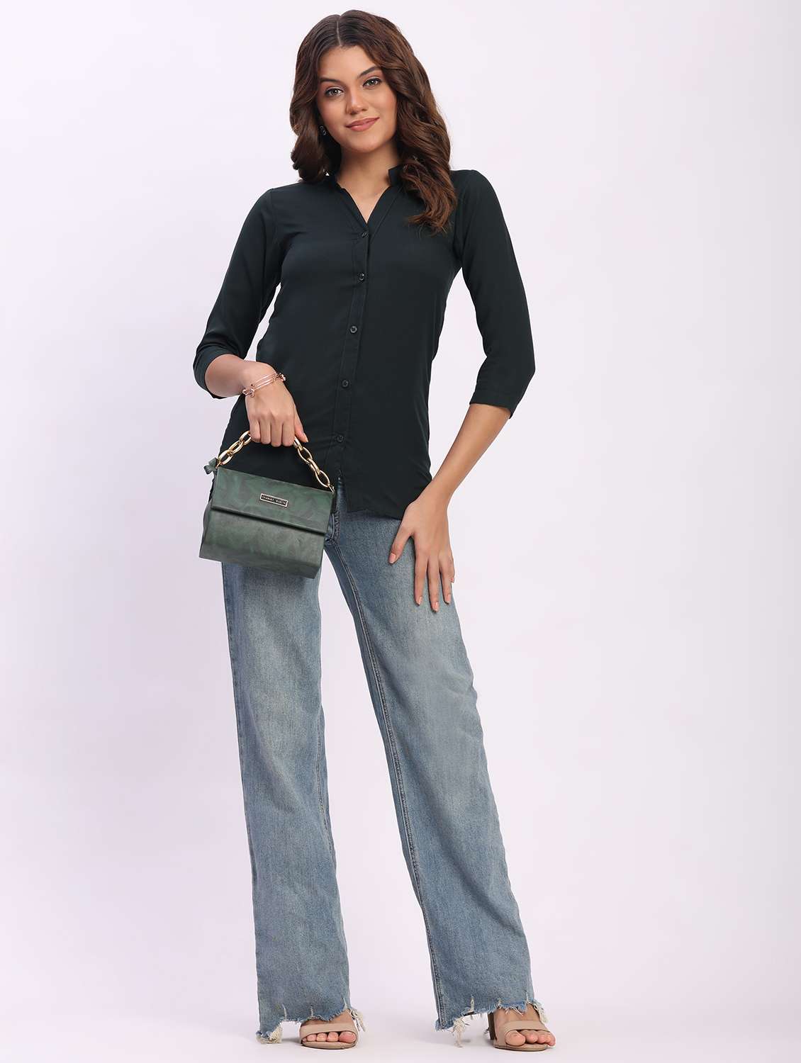 women solid three quarter sleeve mandarin collar shirt - 22083617 - Standard Image - 3