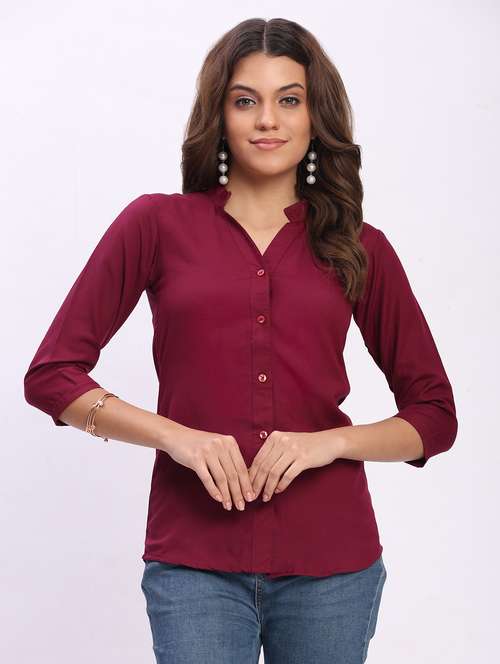 women solid three quarter sleeve mandarin collar shirt - 22083618 - Standard Image - 0