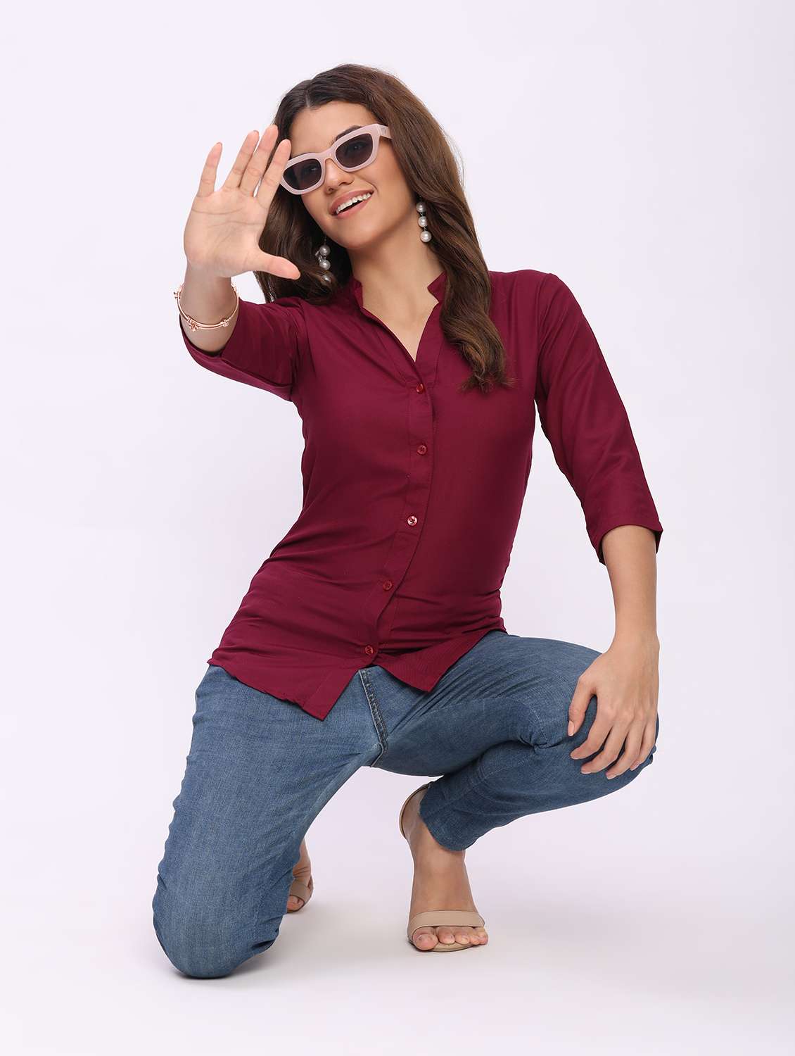 women solid three quarter sleeve mandarin collar shirt - 22083618 - Standard Image - 3