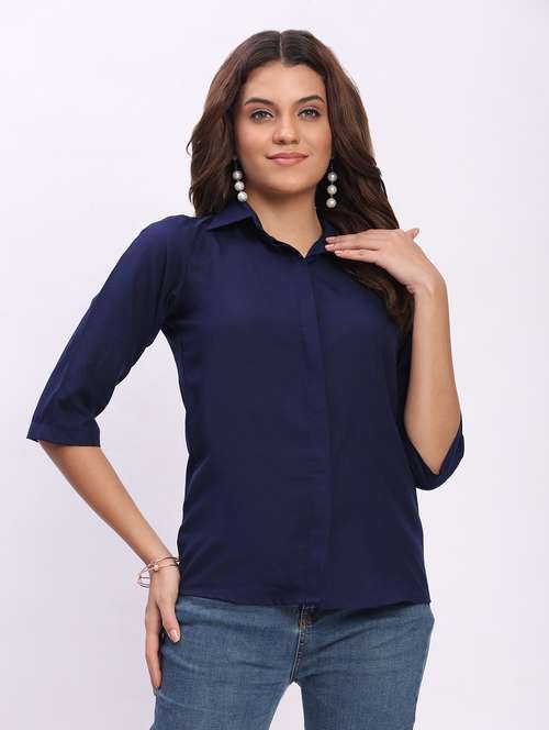 women solid three quarter sleeve collared shirt - 22083619 - Standard Image - 0