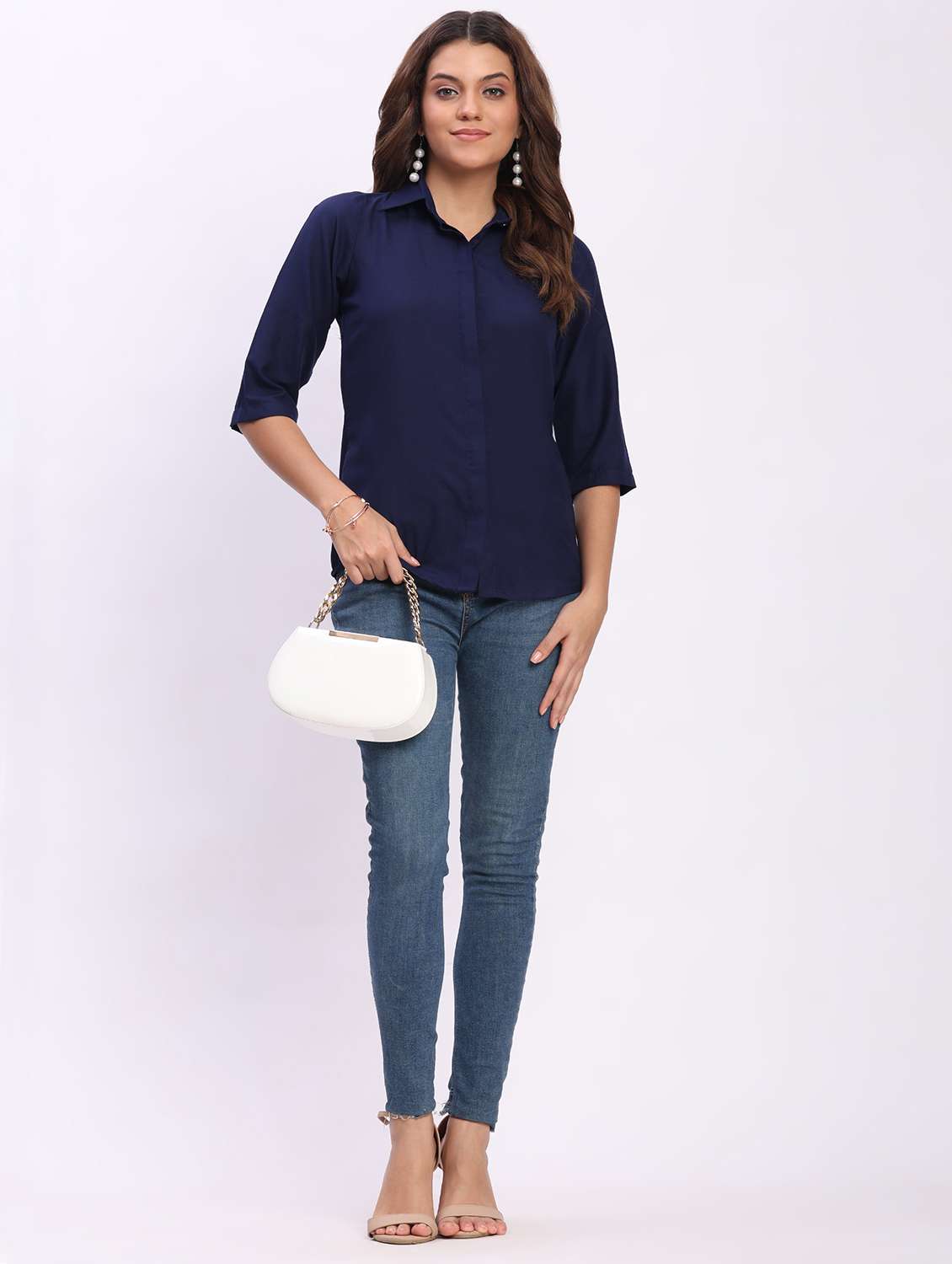 women solid three quarter sleeve collared shirt - 22083619 - Standard Image - 3