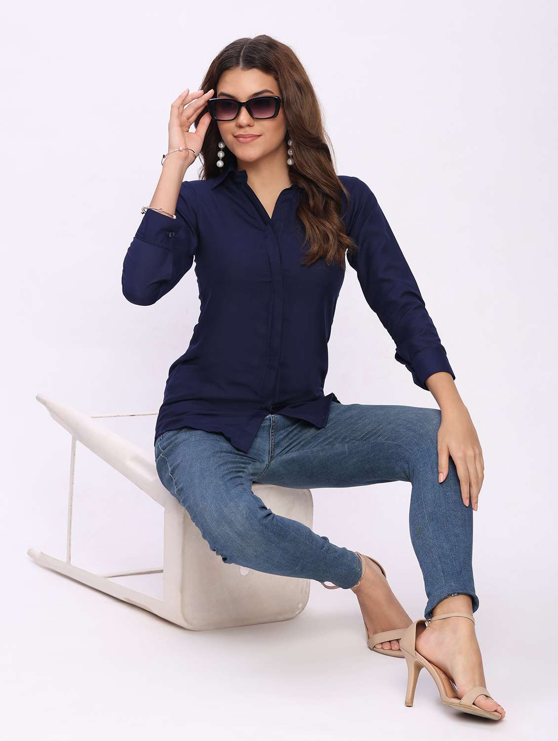 women solid three quarter sleeve collared shirt - 22083623 - Standard Image - 3