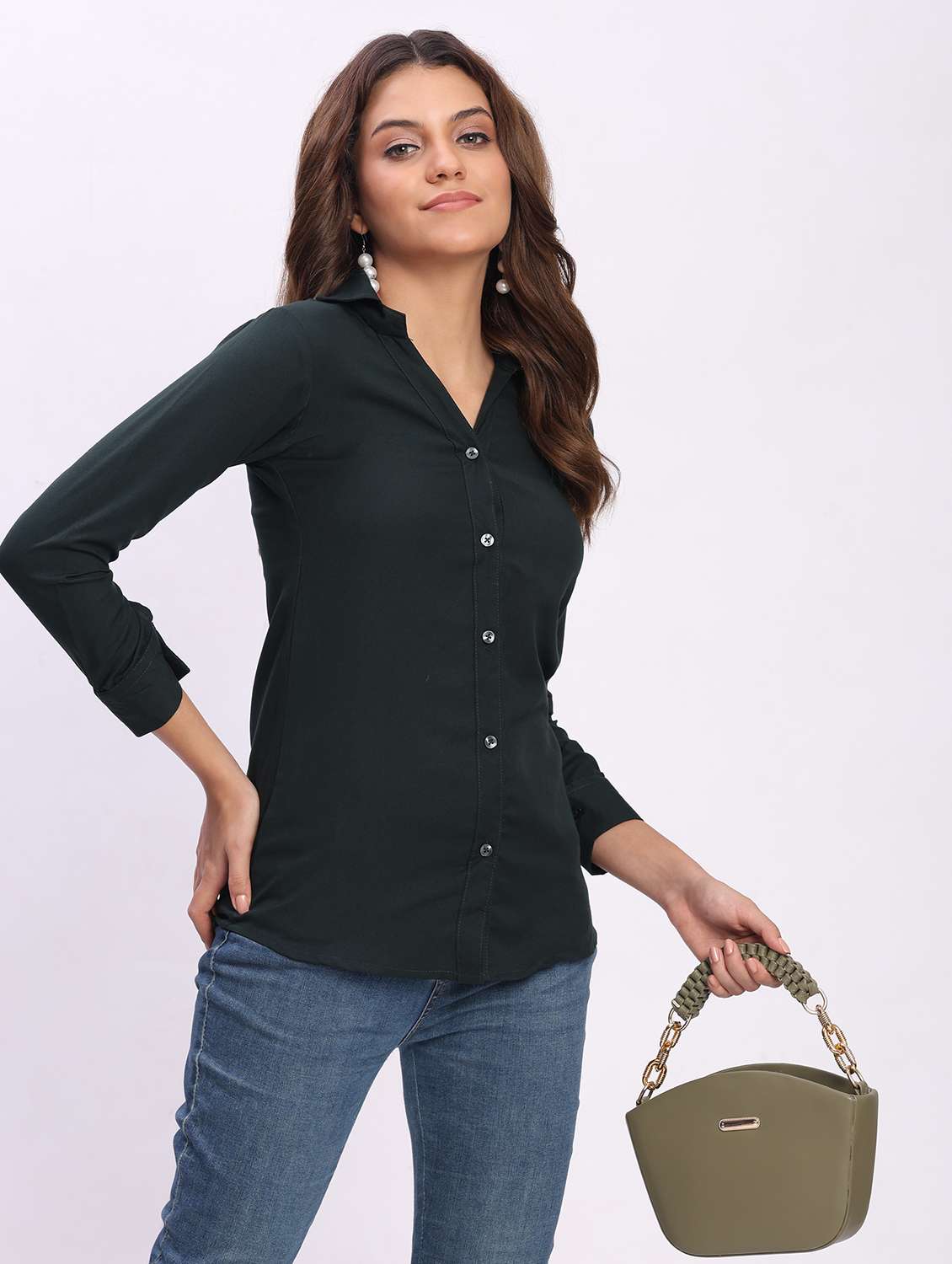 women solid three quarter sleeve collared shirt - 22083628 -  Zoom Image - 0