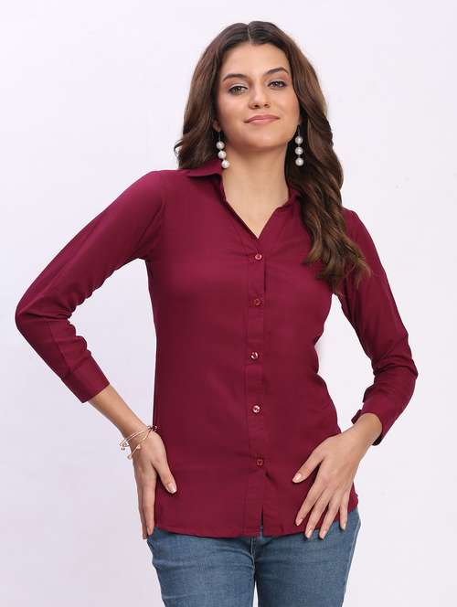 women solid three quarter sleeve collared shirt - 22083629 - Standard Image - 0