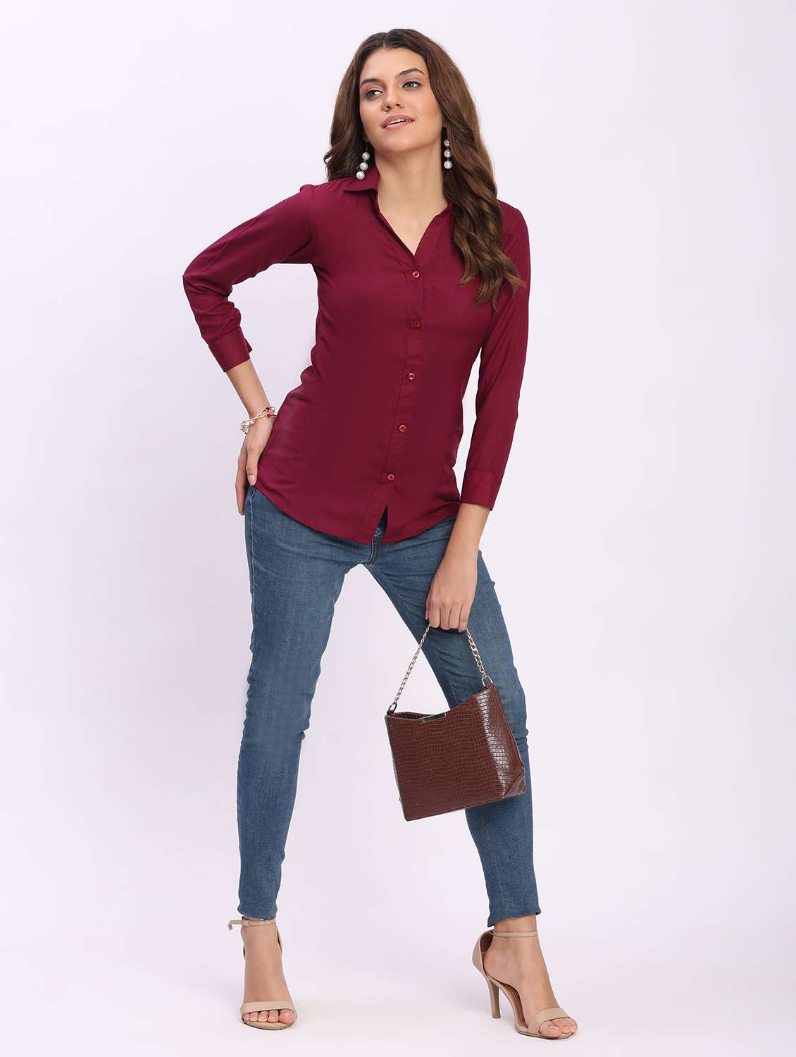 women solid three quarter sleeve collared shirt - 22083629 - Standard Image - 3