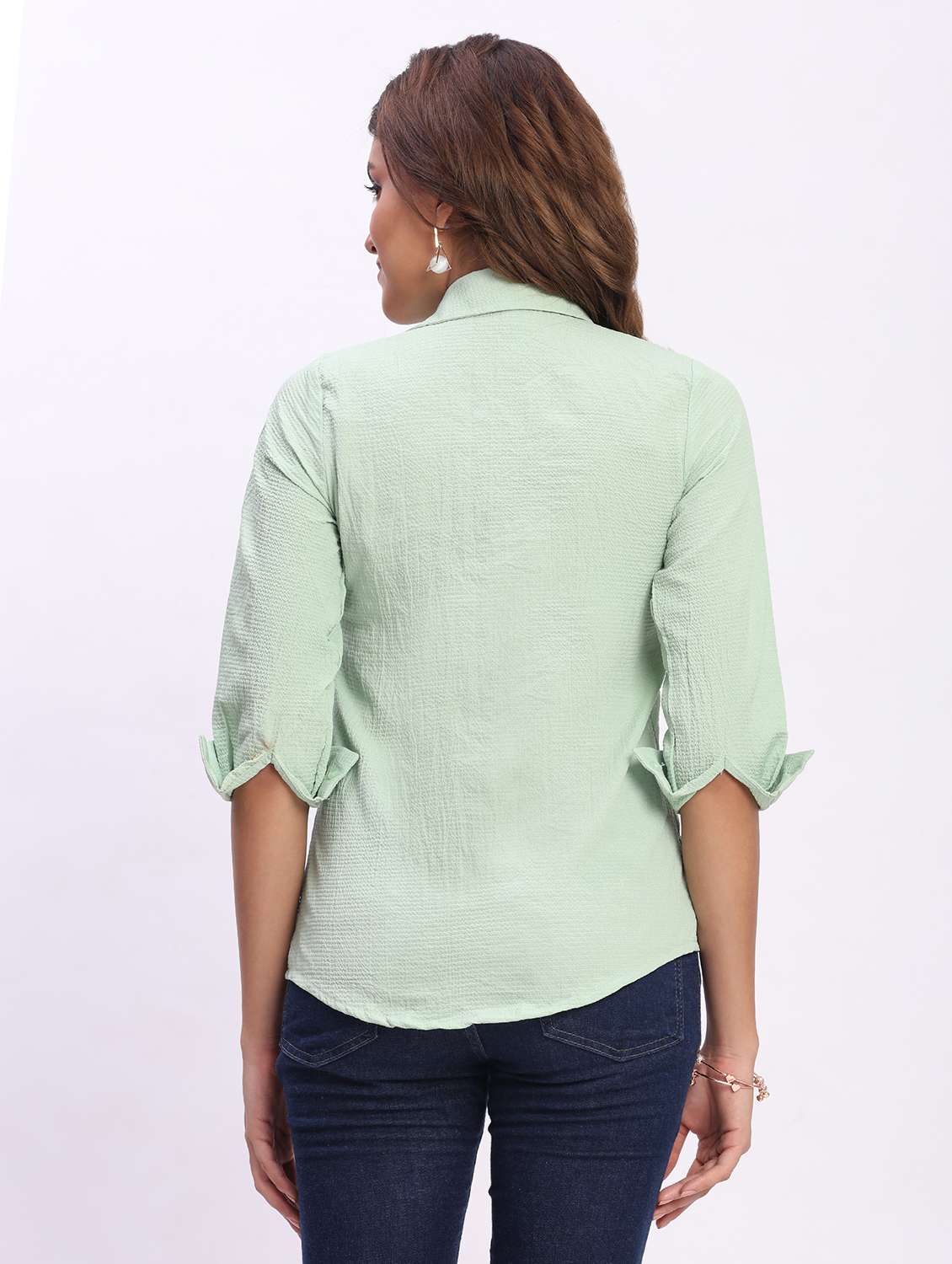 women solid three quarter sleeve collared shirt - 22083630 - Standard Image - 3