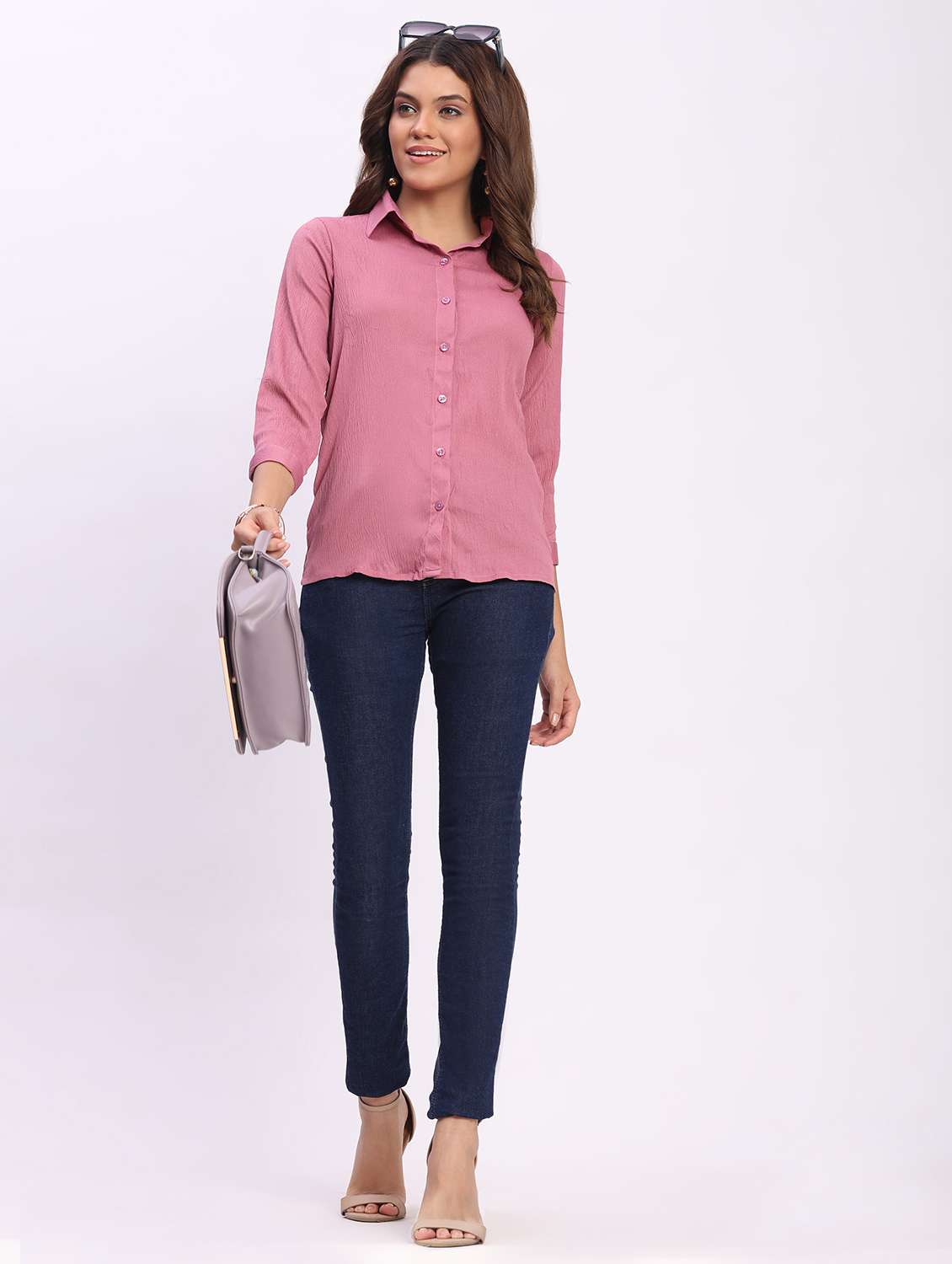 women solid three quarter sleeve collared shirt - 22083631 - Standard Image - 3