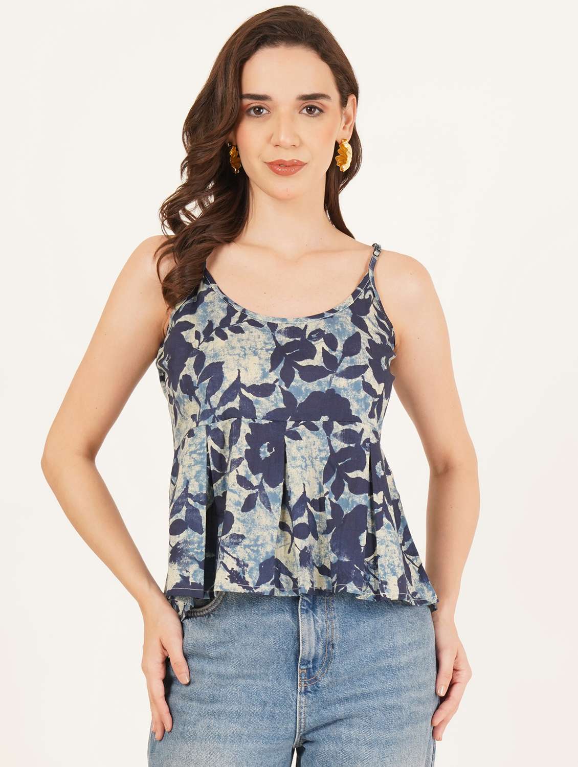 women printed shoulder strap peplum top - 22083634 - Zoom Image - 0