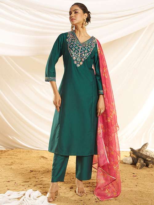 women embroidered three quarter sleeve kurta pant with dupatta set - 22083639 -  Standard Image - 0
