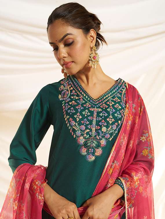 women embroidered three quarter sleeve kurta pant with dupatta set - 22083639 - Standard Image - 5
