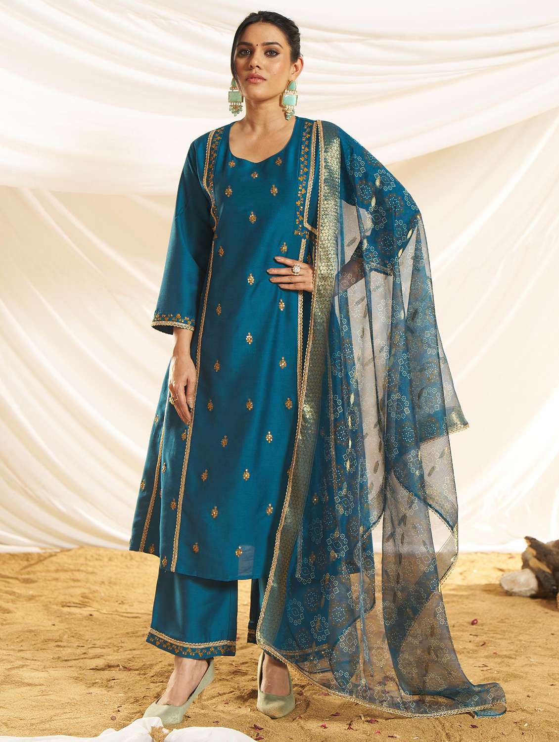 women embroidered three quarter sleeve kurta pant with dupatta set - 22083643 -  Zoom Image - 0