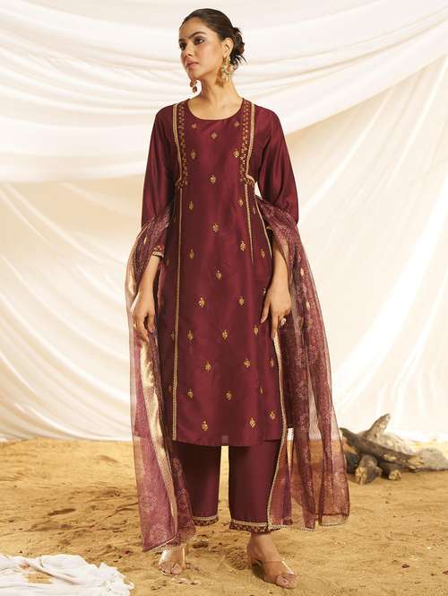 women embroidered three quarter sleeve kurta pant with dupatta set - 22083644 -  Standard Image - 0