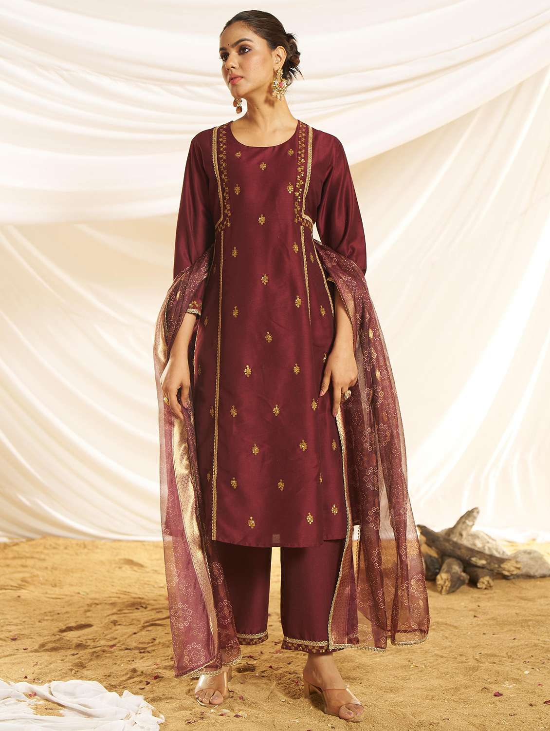 women embroidered three quarter sleeve kurta pant with dupatta set