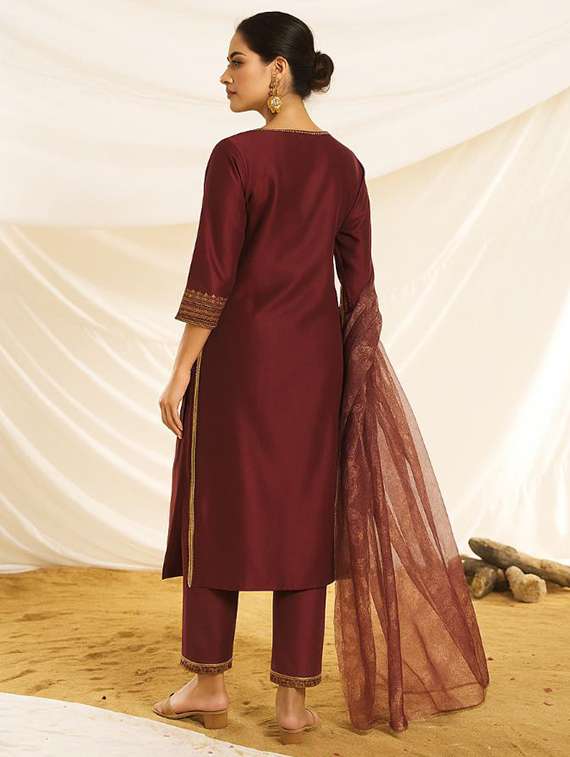 women embroidered three quarter sleeve kurta pant with dupatta set - 22083644 -  Standard Image - 3