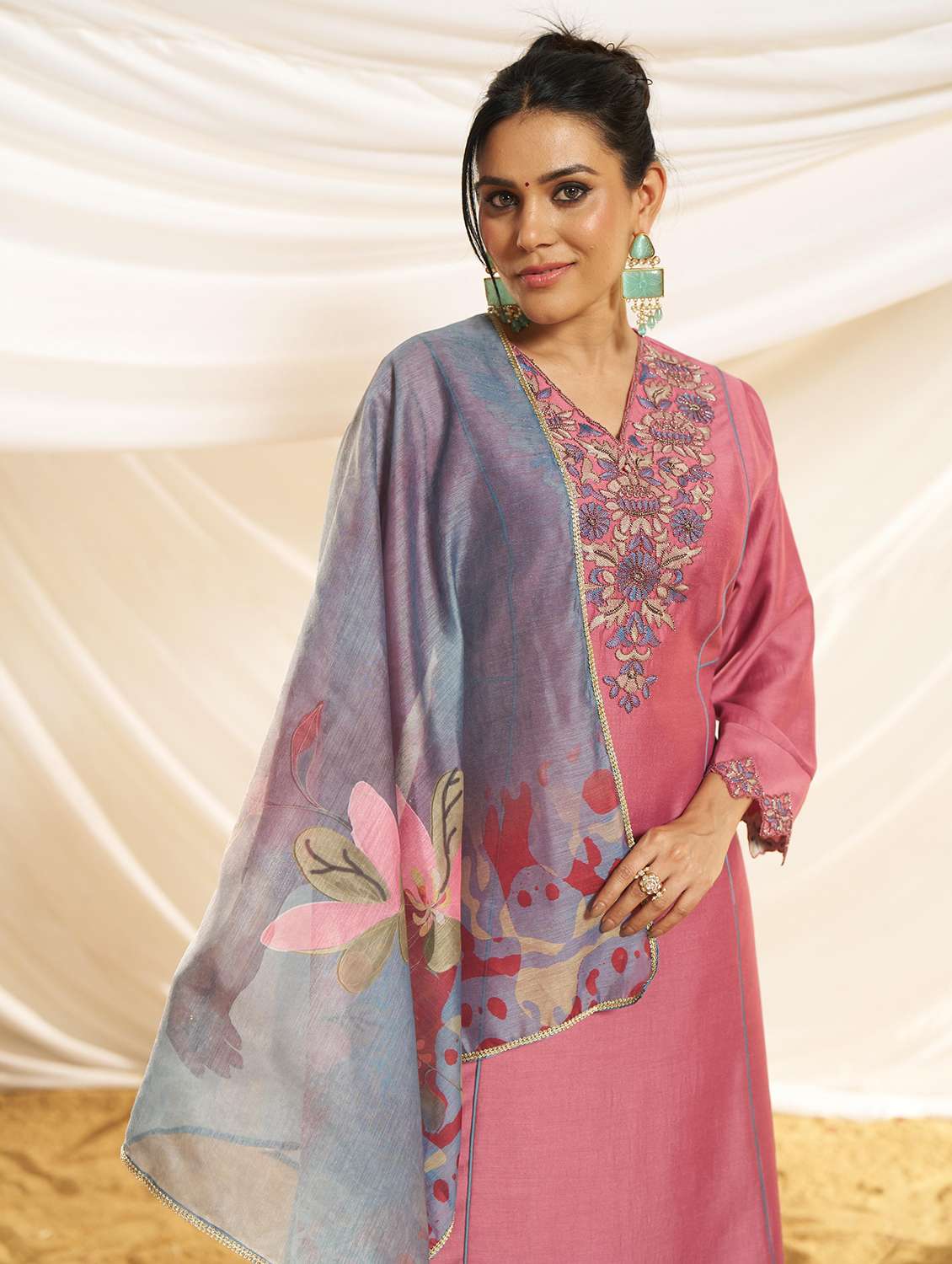 women embroidered three quarter sleeve kurta pant with dupatta set - 22083646 -  Standard Image - 3