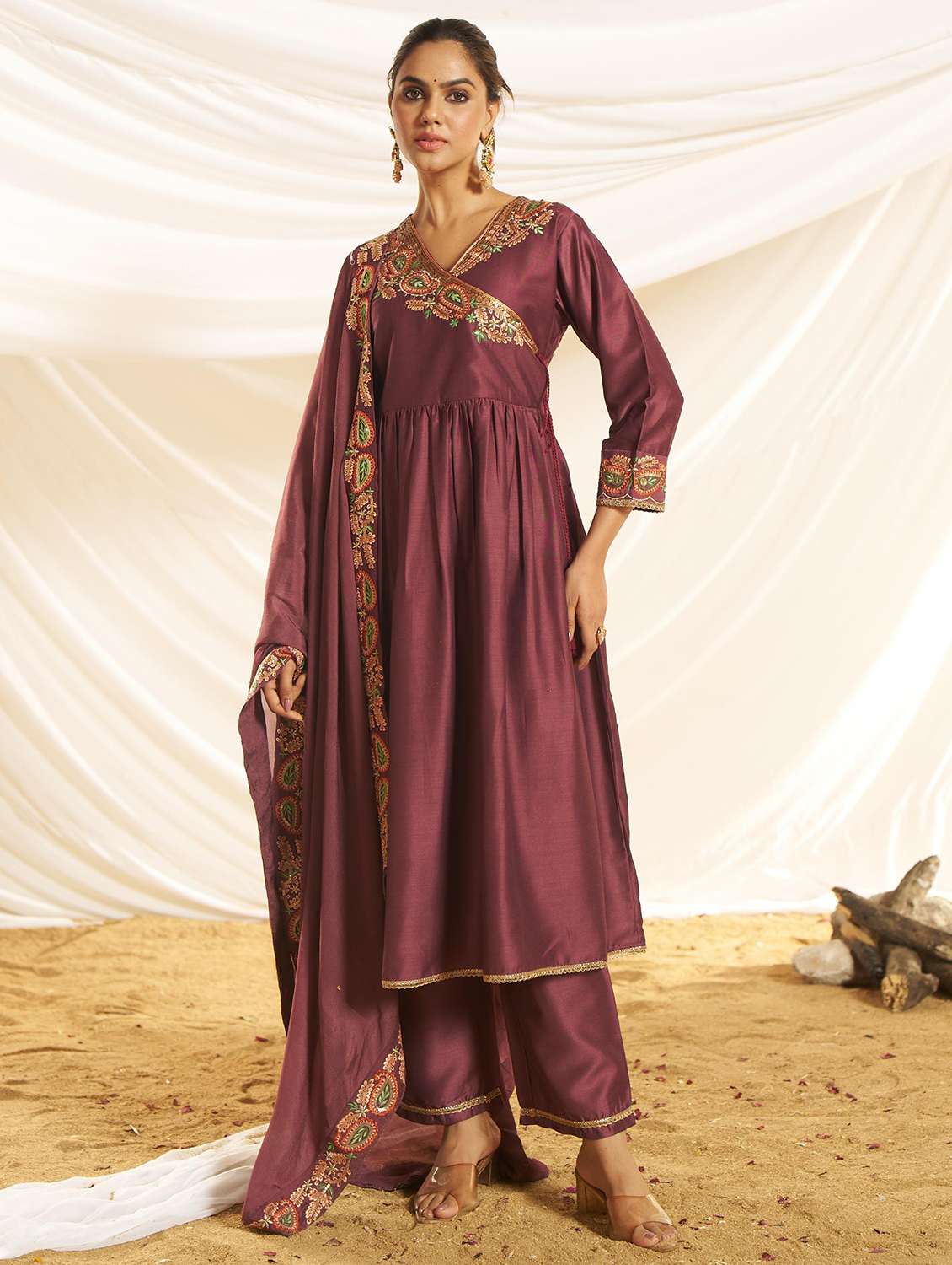 women embroidered three quarter sleeve kurta pant with dupatta set